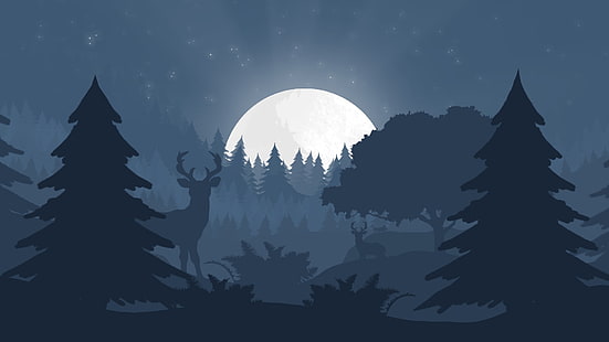 carta da parati cervi e luna, minimalismo, foresta, notte, raggi di luna, Sfondo HD HD wallpaper