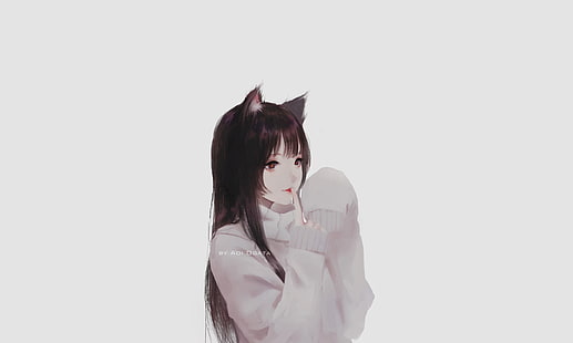 anime, anime girls, Aoi Ogata, artwork, simple background, cat ears, white, HD wallpaper HD wallpaper