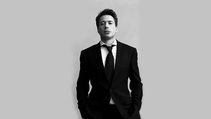 men, Robert Downey Jr., monochrome, suits, tie, HD wallpaper