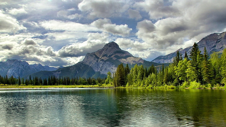 lake with forest and mountain wallpaper, nature, mountains, lake, HD wallpaper