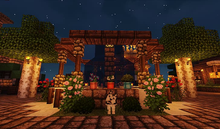 Minecraft, Minecraft nether, landscape, building, lava, bridge, nature, plants, flowers, sky, Colorful leaves, colorful, green, pink, yellow, water, house, mountains, trees, forest, dog, wolf, mill, blue, clear sky, hell, roses, rose, Bushes, Sun, sunlight, fountain, video games, PC gaming, dark, screen shot, HD wallpaper
