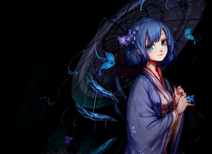 Anime, Anime Girls, Regenschirm, blaue Haare, blaue Augen, Cirno, Touhou, Kimono, HD-Hintergrundbild