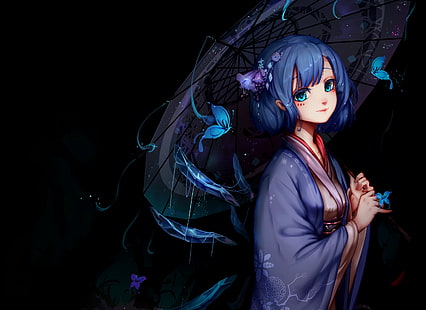 anime, anime dziewczyny, parasolka, niebieskie włosy, niebieskie oczy, Cirno, Touhou, kimono, Tapety HD HD wallpaper