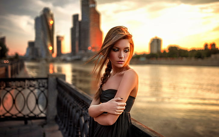 Woman, Sunset, City, River, Bare Shoulders, woman, sunset, city, river, bare shoulders, HD wallpaper