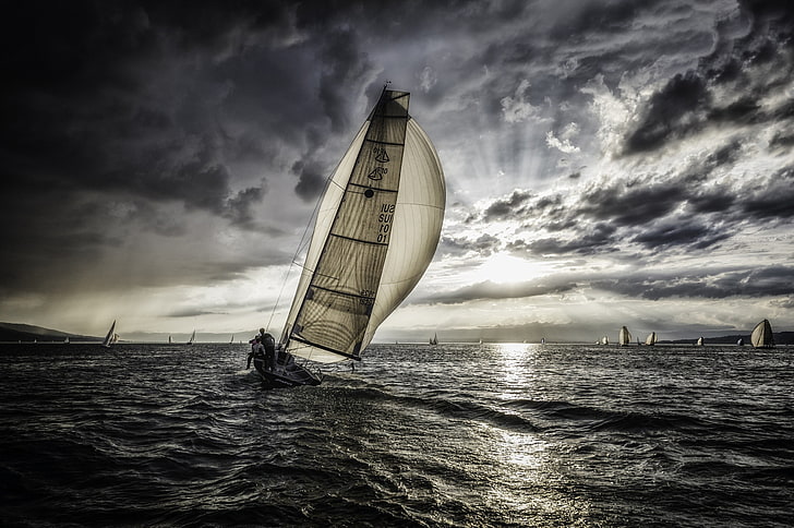 white sailing boat, sea, water, sports, sailing, HD wallpaper