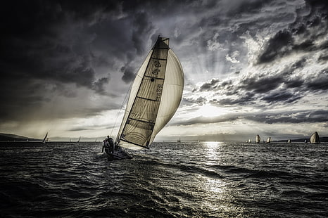 قارب الإبحار الأبيض ، البحر ، الماء ، الرياضة ، الإبحار، خلفية HD HD wallpaper