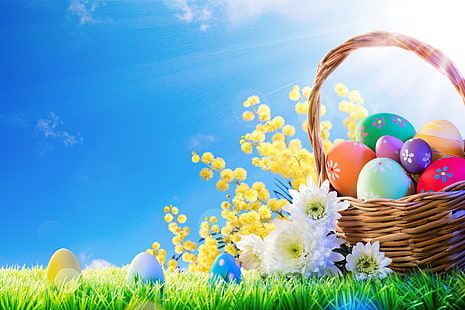 grass, the sun, flowers, basket, spring, Easter, eggs, decoration, Happy, the painted eggs, HD wallpaper HD wallpaper