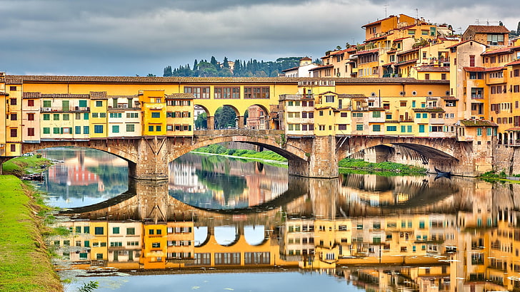 ponte vo, Флоренция, Италия, Европа, отражение, река Арно, Арно, река, отразено, градски пейзаж, облак, небе, крайбрежие, банка, мост, стар мост, HD тапет