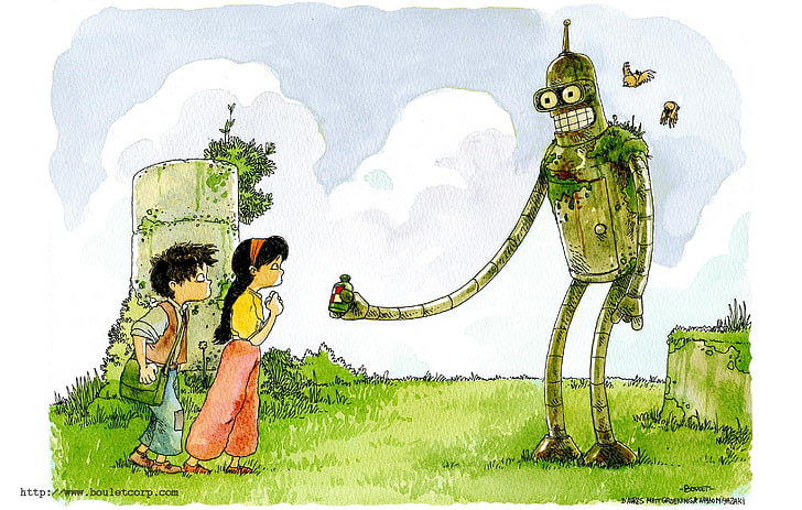 мальчик и девочка перед улыбающимся роботом, иллюстрация, Футурама, Замок в Небе, кроссовер, Бендер, HD обои