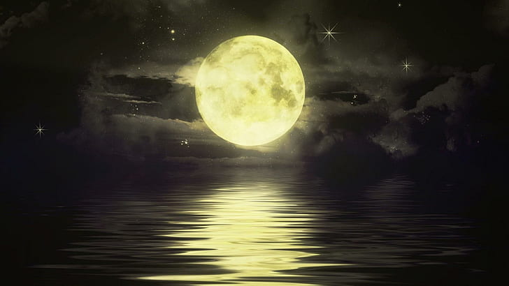 Большой лунный закат, закат, темнота, ночь, отражение, вода, луна, природа и пейзажи, HD обои