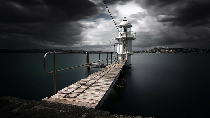 photo of white watch tower with dock, Sydney Harbour, 5k, 4k wallpaper, 8k, lighthouse, river, pierce, clouds, HD wallpaper