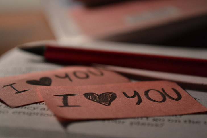 two brown papers with I Love You prints, love, pink, heart, book, pencil, HD wallpaper