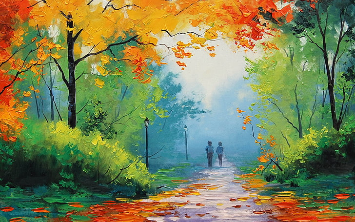 two people walking on the street painting, landscape, lights, track, alley, falling leaves, date, a couple in love, in the distance, brush strokes, autumn Park, HD wallpaper