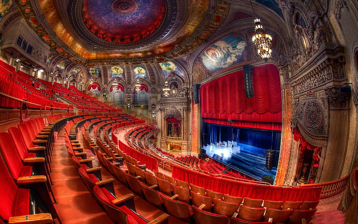 Chicago Theatre, scene, red chairs, room, HD wallpaper