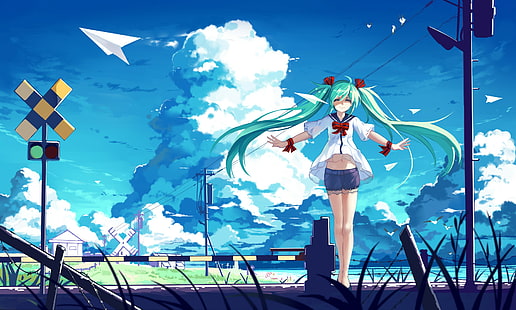 Hatsune Miku, nuvole, ferrovia, Vocaloid, Sfondo HD HD wallpaper