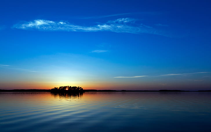 Vista sul mare, cielo blu, riflessioni, tramonto, Sfondo HD