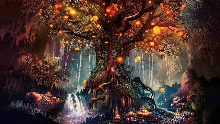 Tree of the Earth, magic, forest, lights, HD wallpaper