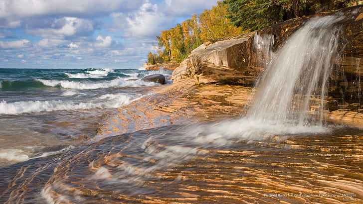Pictured Rocks National Lakeshore, Lake Superior, Michigan, Waterfalls, HD wallpaper
