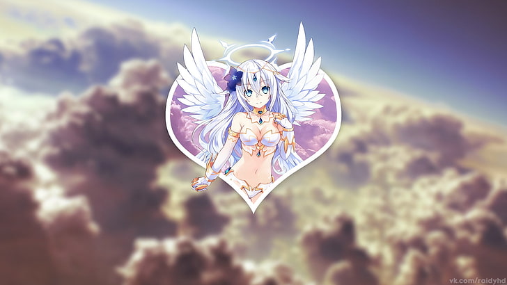 white-haired angel anime girl illustration, anime, angel, clouds, heart, picture-in-picture, HD wallpaper
