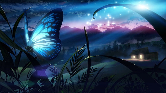 белая и голубая бабочка на траве иллюстрации, аниме, бабочка, HD обои HD wallpaper