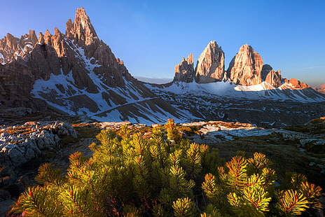 Berge, Klippe, Dolomiten, Italien, Landschaft, Berg, Schnee, Tre Cime di Lavaredo, HD-Hintergrundbild HD wallpaper