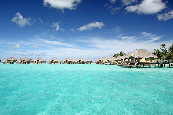 Бора-Бора, океанът, Малдивите, океанът, бунгало, Бора-Бора, перлен морски курорт, синя лагуна, водни вили, спокоен, хотелът, HD тапет