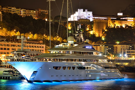 white cruise ship, night, city, the city, castle, mountain, home, the evening, port, helicopter, Monaco, Palace, Monte Carlo, super yacht, lights., mega yacht, motor yacht, Mone Carlo, motor super yacht, Quattroelle, HD wallpaper HD wallpaper