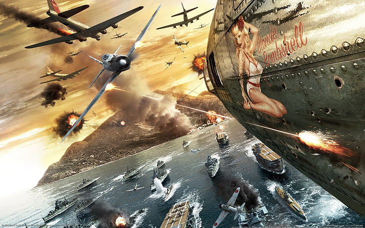 第二次世界大戦飛行機飛行機船バトル煙バトルステーションHD、ビデオゲーム、煙、飛行機、飛行機、戦闘、第二次世界大戦、船、バトルステーション、 HDデスクトップの壁紙