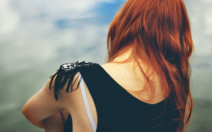Girl Redhead Back, top senza maniche nero da donna, ragazza, rossa, schiena, Sfondo HD