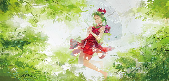 umbrella, anime girls, green hair, Kagiyama Hina, Touhou, rain, anime, HD wallpaper HD wallpaper