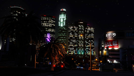 Grand Theft Auto, Grand Theft Auto V, City, Los Santos, Night, Skyscraper, HD tapet HD wallpaper