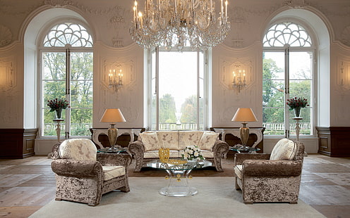 living room, hall backgrounds, chandelier, furniture, vintage, interior, design, download 3840x2400 living room, HD wallpaper HD wallpaper