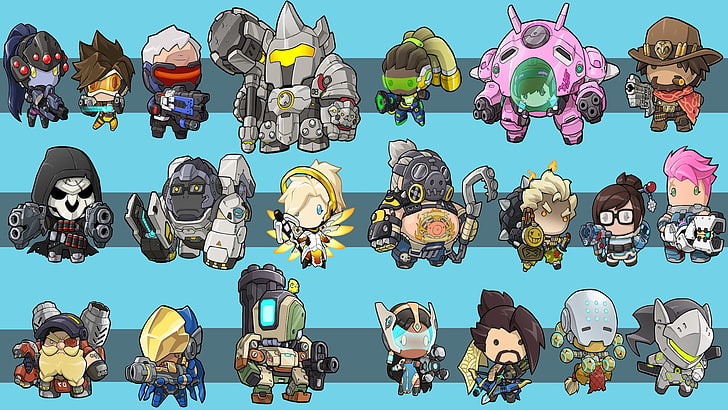 assorted anime character illustration, Overwatch, chibi, Pharah (Overwatch), Mei (Overwatch), Winston (Overwatch), Tracer (Overwatch), Reaper (Overwatch), D.Va (Overwatch), Soldier: 76, Bastion (Overwatch), Mercy (Overwatch), Hanzo (Overwatch), Lúcio (Overwatch), Reinhardt (Overwatch), McRee (Overwatch), Roadhog (Overwatch), Junkrat (Overwatch), Zenyatta (Overwatch), Genji (Overwatch), Widowmaker (Overwatch), Zarya (Overwatch), HD wallpaper