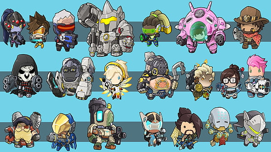 assorted anime character illustration, Overwatch, chibi, Pharah (Overwatch), Mei (Overwatch), Winston (Overwatch), Tracer (Overwatch), Reaper (Overwatch), D.Va (Overwatch), Soldier: 76, Bastion (Overwatch), Mercy (Overwatch), Hanzo (Overwatch), Lúcio (Overwatch), Reinhardt (Overwatch), McRee (Overwatch), Roadhog (Overwatch), Junkrat (Overwatch), Zenyatta (Overwatch), Genji (Overwatch), Widowmaker (Overwatch), Zarya (Overwatch), HD wallpaper HD wallpaper