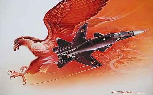 black aircraft and orange bird wallpaper, bird, art, the plane, the project, Su-47, Eagle, Firkin, fighter, Russian, forward deck, HD wallpaper HD wallpaper