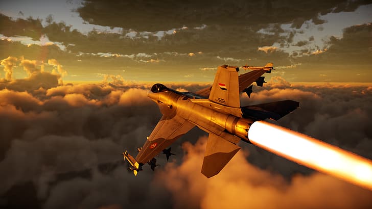 Irak, fuerza aérea iraquí, F-16C, War Thunder, aviones, jets, puesta de sol, Fondo de pantalla HD