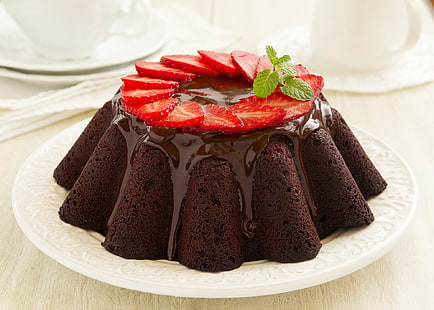 chocolate cake with sliced strawberries, food, strawberry, cake, mint, dessert, sweet, HD wallpaper HD wallpaper