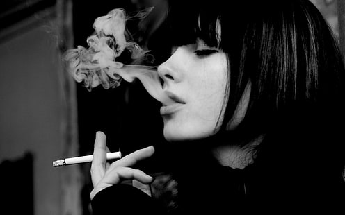 mulheres, cigarros, fumar, fumaça, franja, caucasiano, monocromático, rosto, modelo, HD papel de parede HD wallpaper