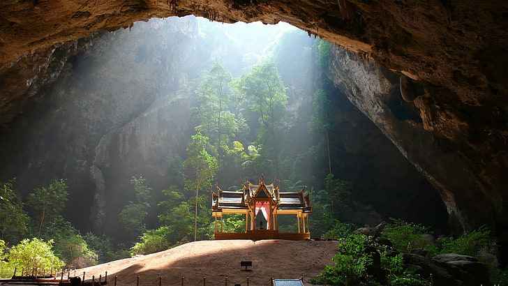 пещера, скальное образование, пещеры, национальный парк, карстовые рельефы, скалы, пейзаж, национальный парк Као Сам Рой Йот, Таиланд, храм, яма пещера, Азия, HD обои