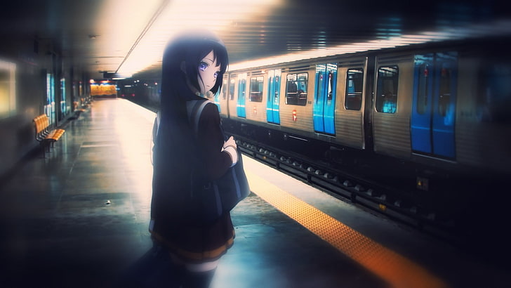 anime girls, metro, women, school, school uniform, illustration, bad design, blurred, motion blur, city, HD wallpaper