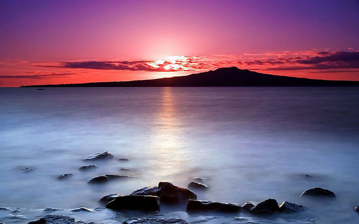 пейзаж, море, остров, закат, пурпурное небо, силуэт, длинная выдержка, HD обои