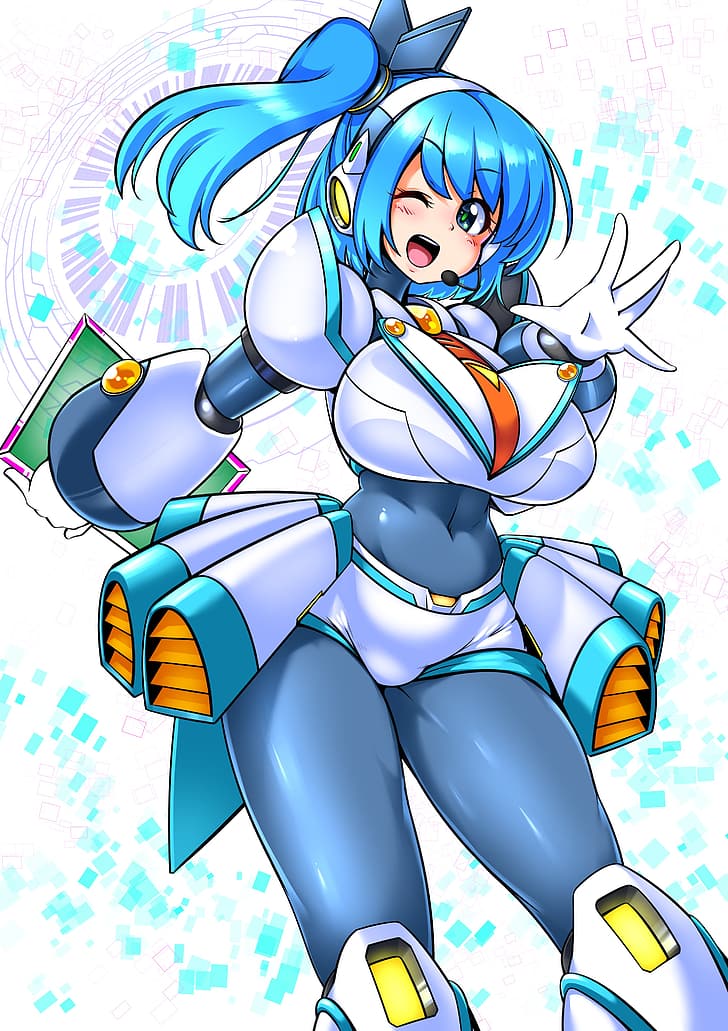Anime, Anime Girls, Mega Man X, Rockman X DiVE, RiCO (Rockman X DiVE), lange Haare, lange Ärmel, blaue Haare, Solo, Artwork, digitale Kunst, Fankunst, HD-Hintergrundbild, Handy-Hintergrundbild