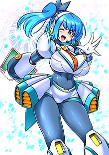 anime, meninas anime, Mega Man X, Rockman X DiVE, RiCO (Rockman X DiVE), cabelos longos, mangas compridas, cabelo azul, solo, obras de arte, arte digital, fã de arte, HD papel de parede HD wallpaper