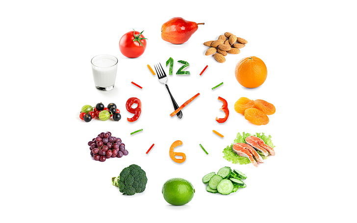 assorted fruits analog clock, glass, berries, creative, arrows, watch, orange, fish, milk, figures, grapes, white background, lime, pear, pepper, fruit, plug, nuts, tomato, currants, cabbage, gooseberry, cucumbers, dried apricots, HD wallpaper
