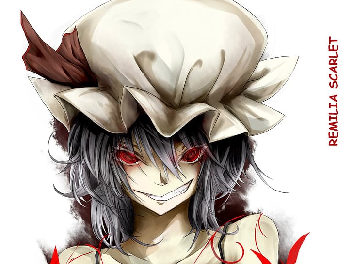 red eyes, remilia scarlet, art, vampire, hell of a grin, face, project East, cap, touhou project, Ase tou mi kaameru, HD wallpaper