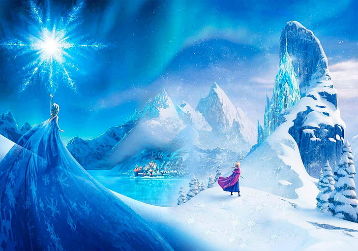 Disney Dondurulmuş Elsa ve Anna duvar kağıdı, kar, dağlar, şehir, yıldız, buz, Dondurulmuş, Prenses, Anna, Kraliçe, kar tanesi, Walt Disney, animasyon, 2013, Elsa, Cold Heart, buz kale, Arendelle, Kingdom, Arundel, HD masaüstü duvar kağıdı