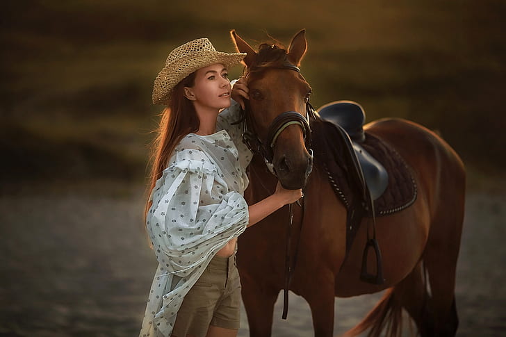 regardez, fille, pose, cheval, chapeau, chemisier, Anastasia Barmina, Fond d'écran HD