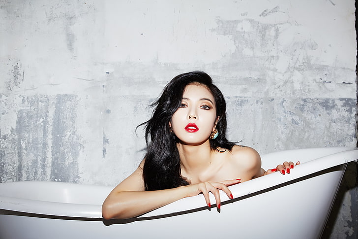 white bathtub, girl, music, brunette, Asian, South Korea, k-pop, 4Minute, Kim Hyun, HD wallpaper