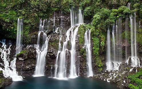 Grand Galet Falls Saint Joseph Reunion Island แม่น้ำ Langevin มหาสมุทรอินเดีย Cascading Falls ภูมิทัศน์วอลเปเปอร์ HD 2560 × 1600, วอลล์เปเปอร์ HD HD wallpaper