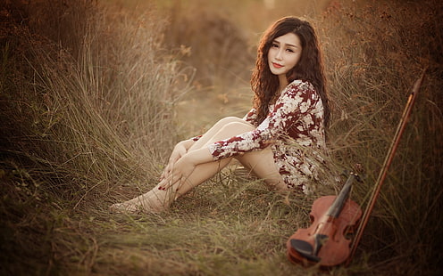 Menina asiática, pose, olhar, violino, música, asiático, menina, pose, olhar, violino, música, HD papel de parede HD wallpaper